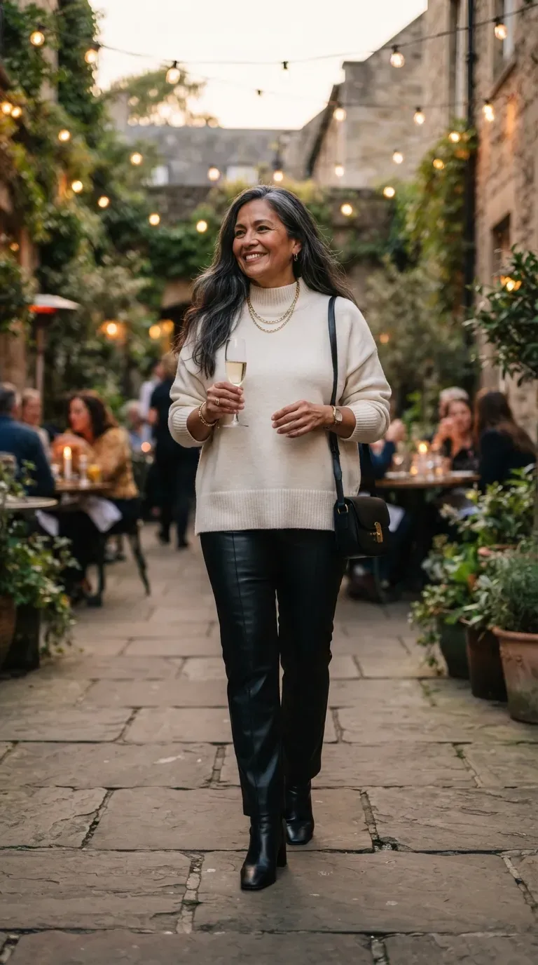 Latina plus-size woman in black faux leather trousers and an ivory sweater in a lit courtyard