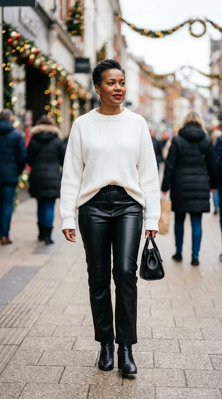 Woman over 50 in black faux-leather trousers and white knit on a festive city street
