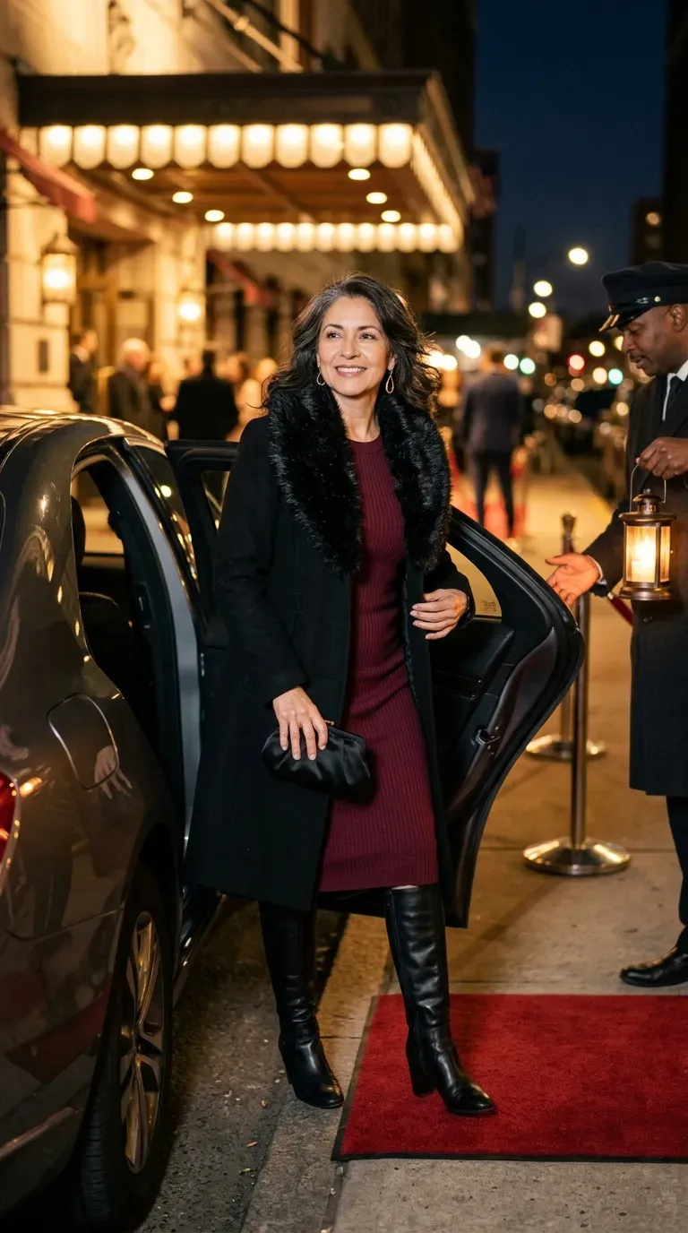 Woman in black fur-collar coat and burgundy knit dress arriving at a Christmas party
