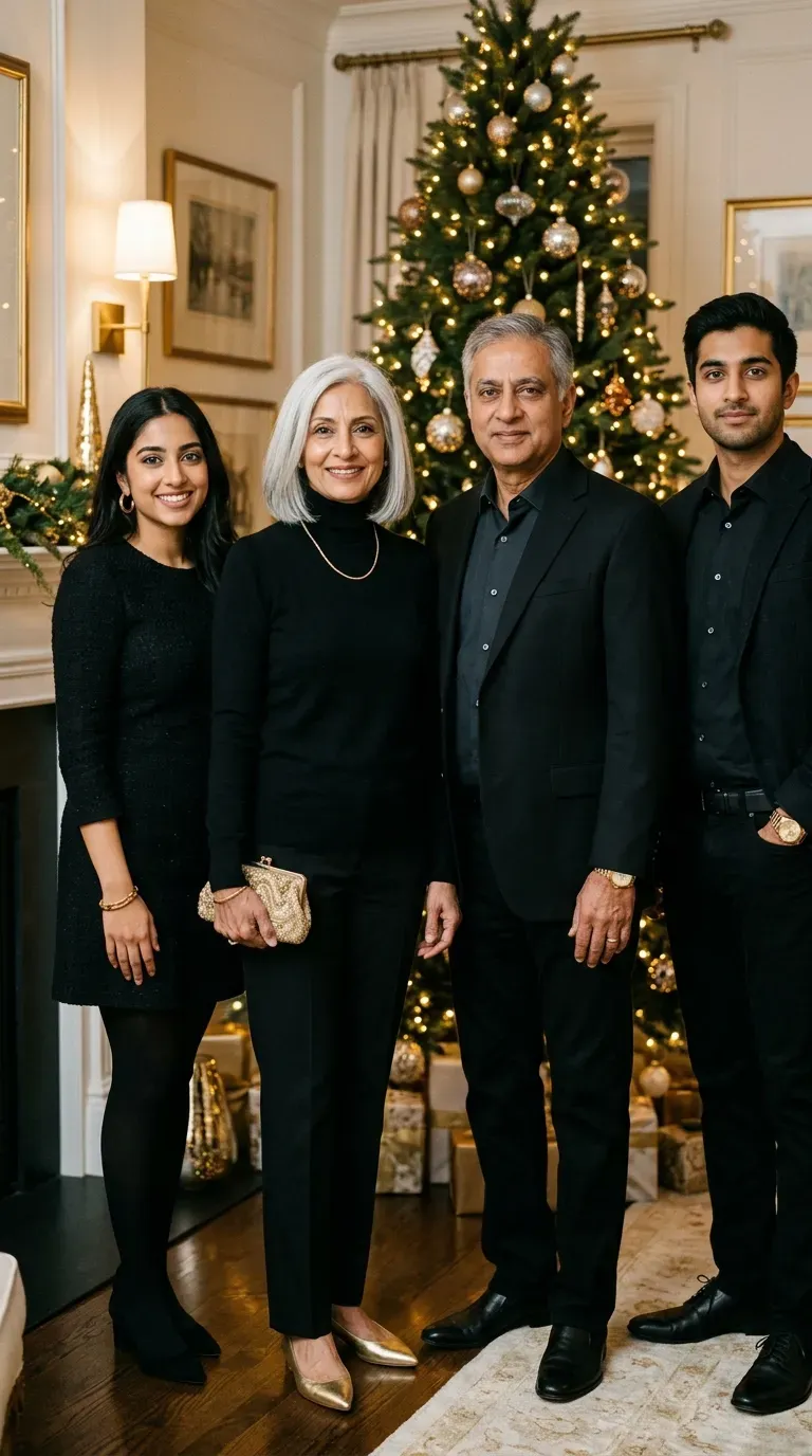 Woman over 50 in black outfit with gold accessories for a coordinated Christmas family photo