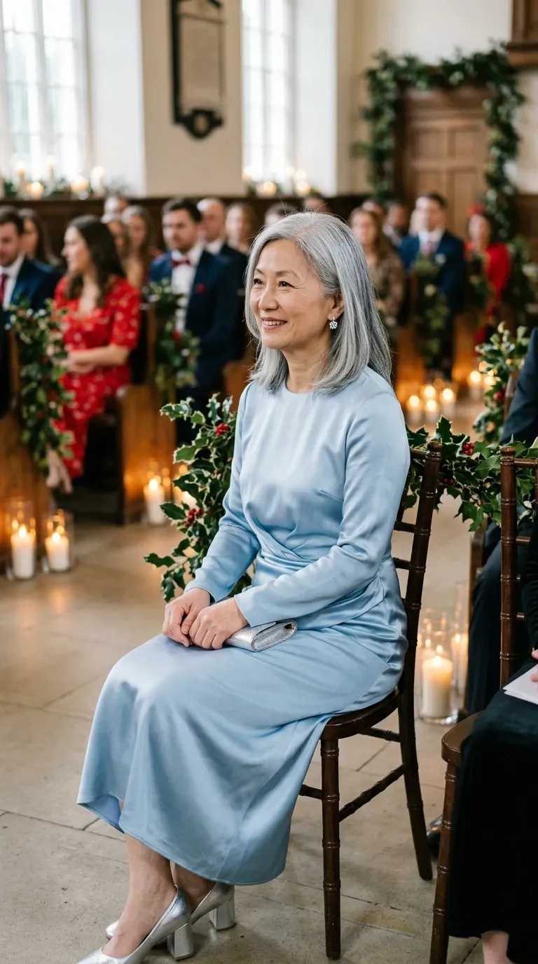 Woman over 50 in black jacquard palazzo trousers, ivory silk top and gold heels at a winter wedding