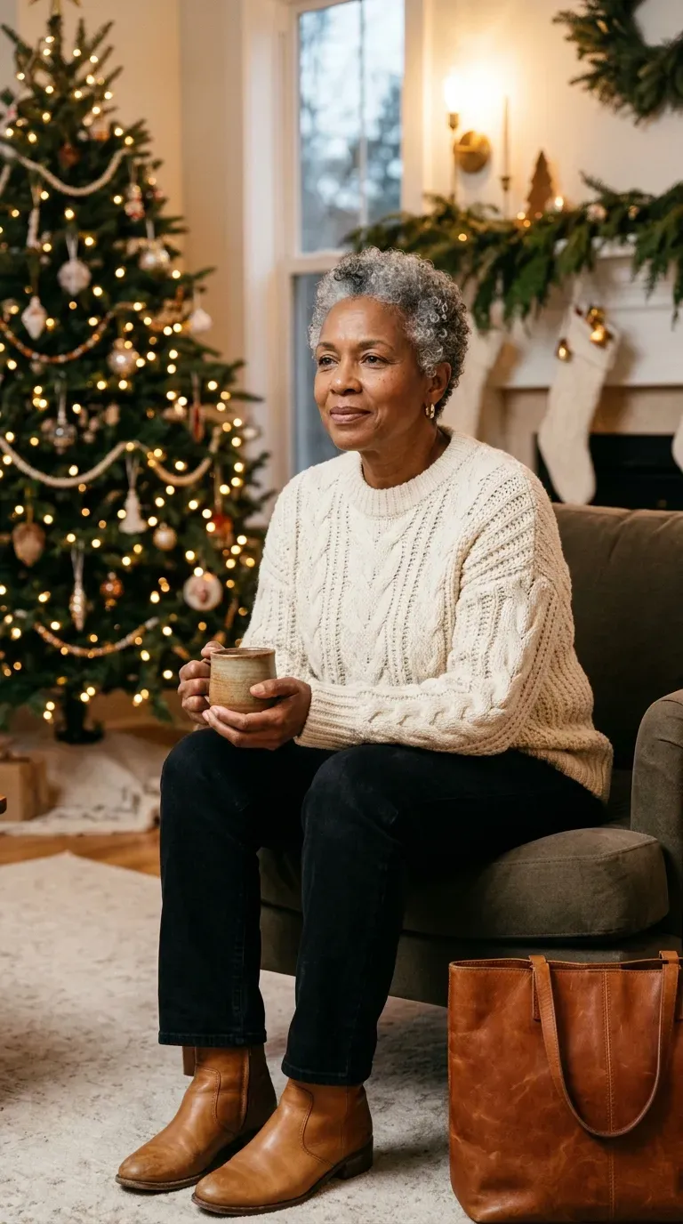 Woman over 50 in black jeans, cream cable sweater and tan ankle boots