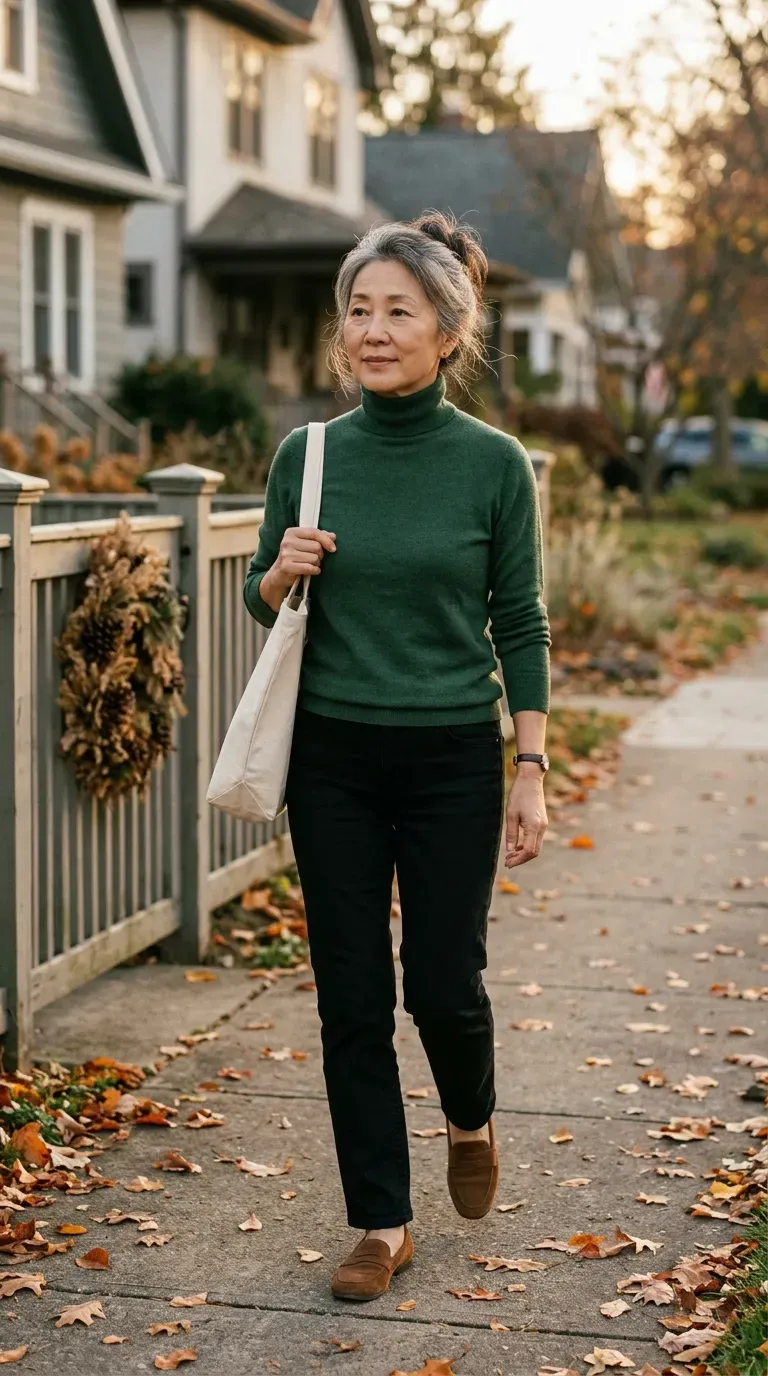 Woman over 50 in black jeans, green turtleneck and brown loafers