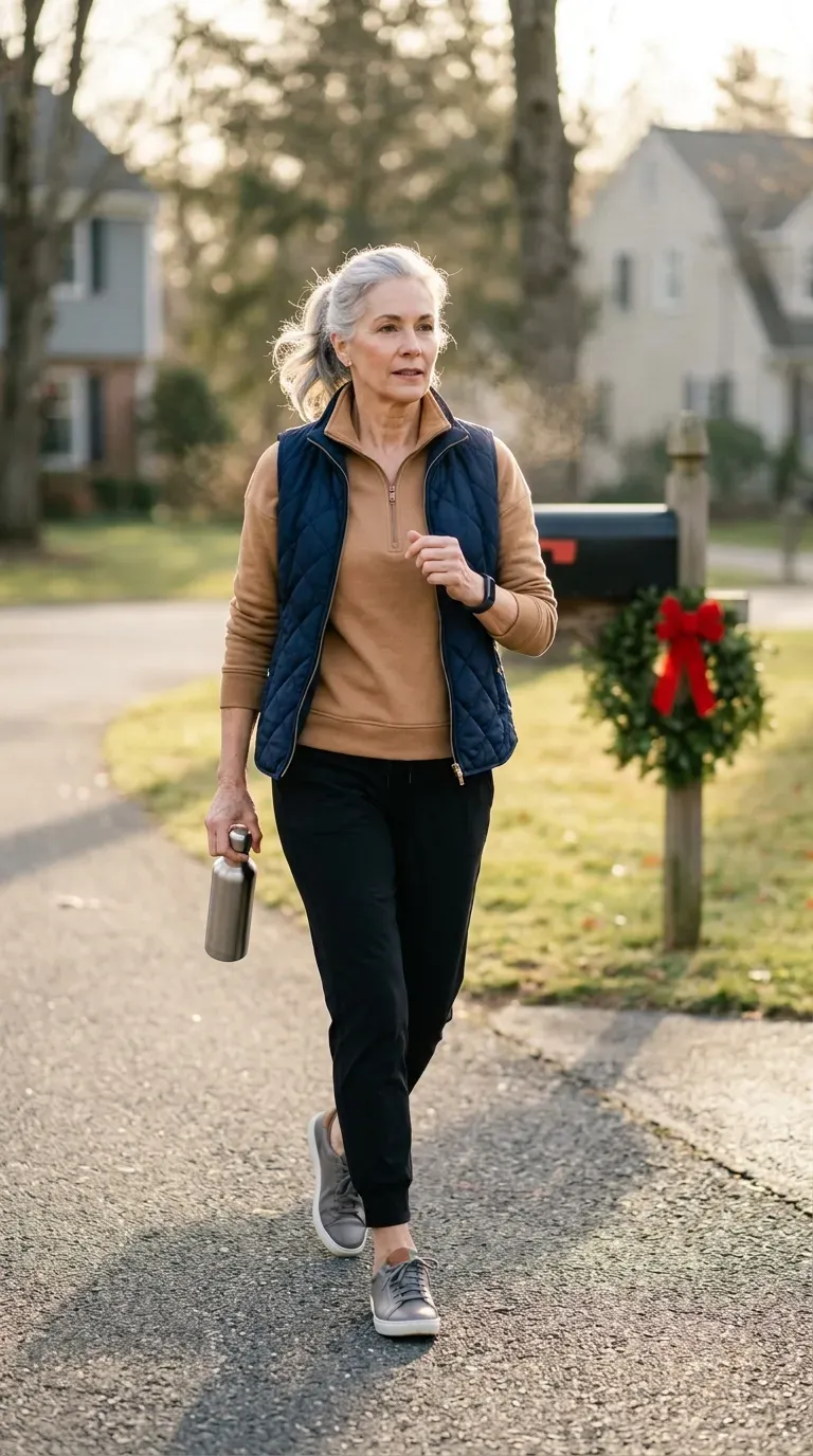 Woman over 50 in black joggers and camel quarter-zip pullover on a neighborhood walk