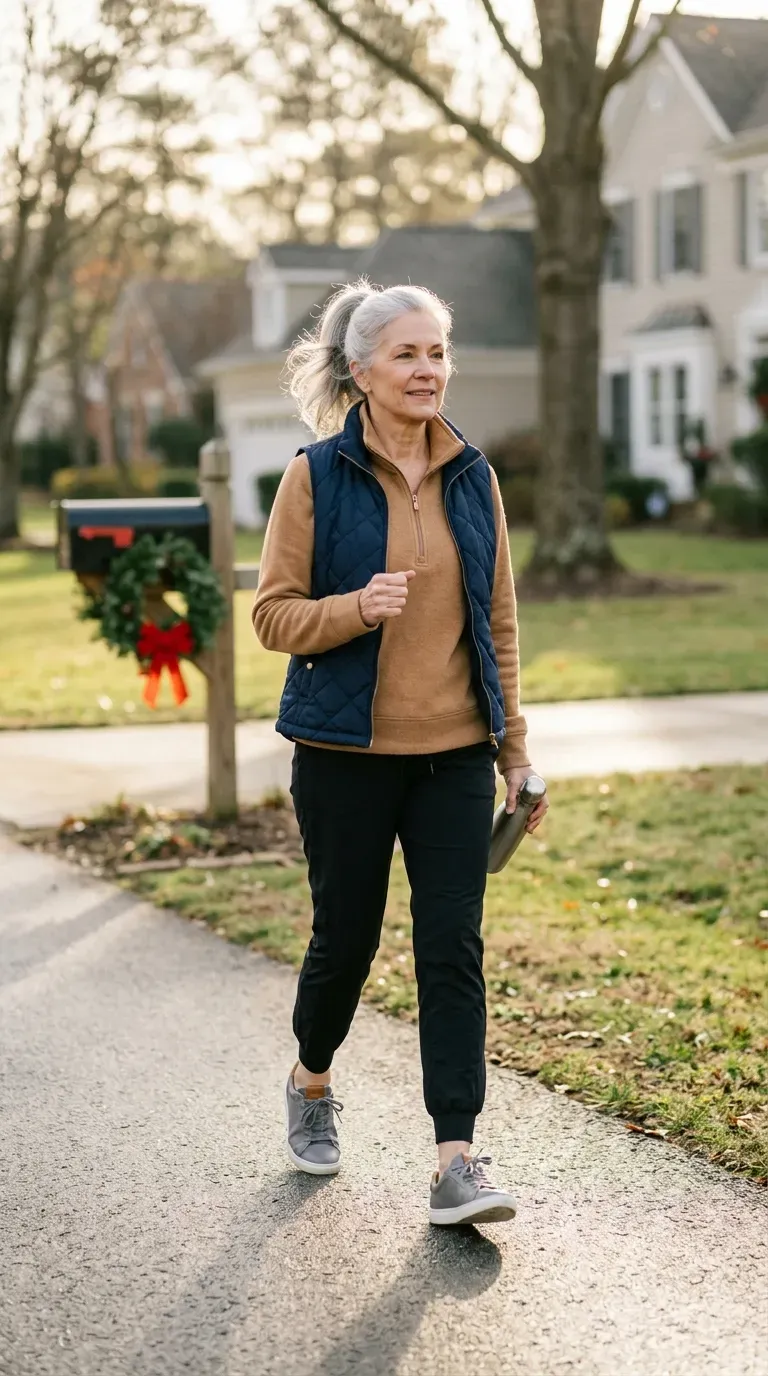Woman over 50 in black joggers and camel quarter-zip pullover on a neighborhood walk