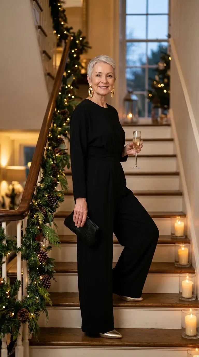 Woman in a black wide-leg jumpsuit and gold statement earrings at an elegant holiday party