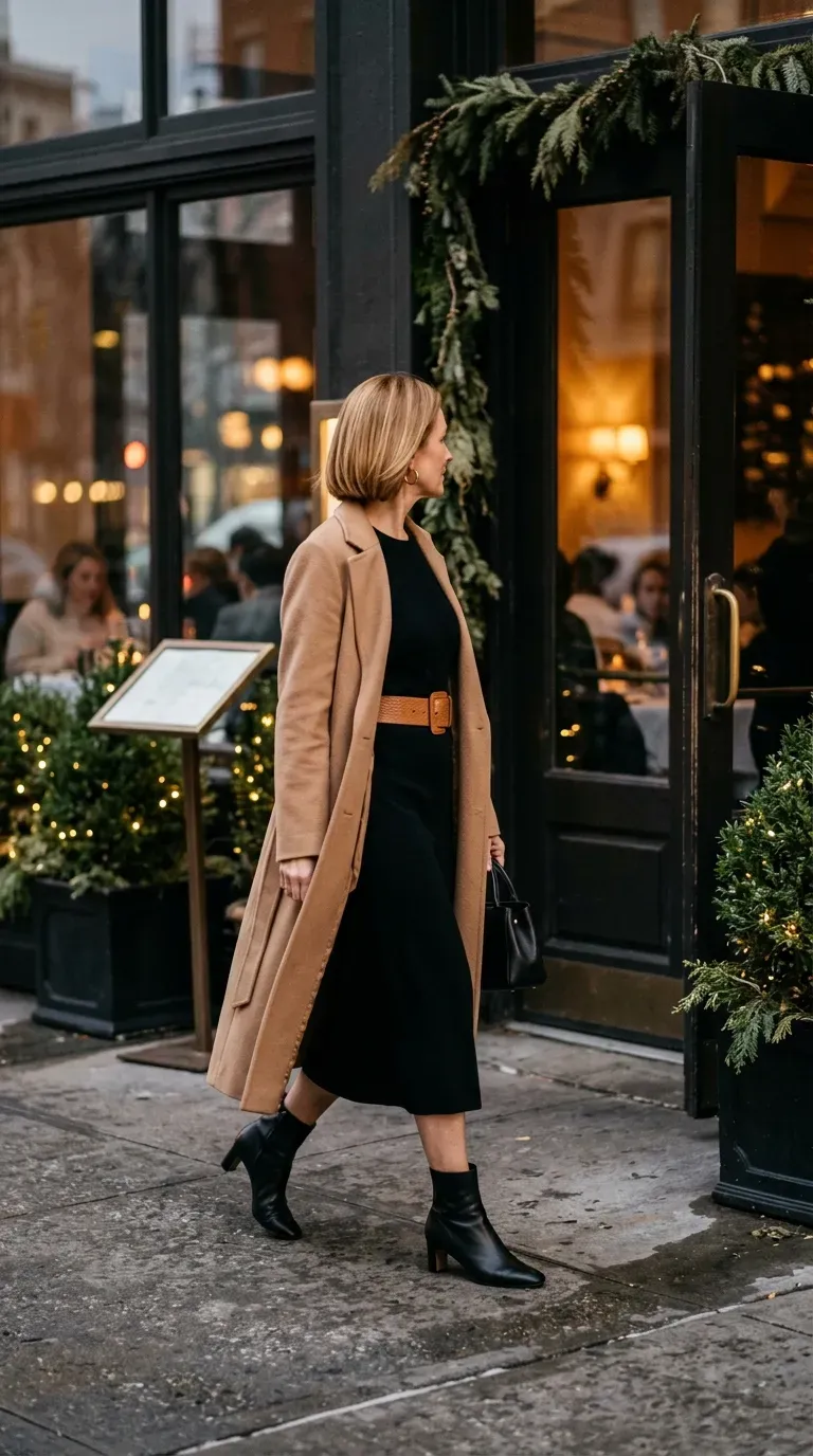 Woman over 50 in black knit midi dress and ankle boots