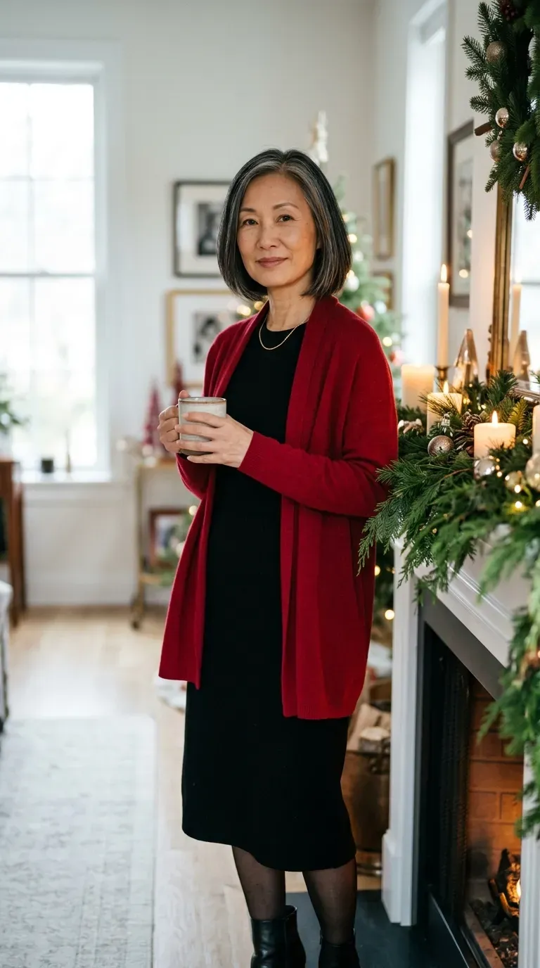 Woman over 50 in black knit dress, red cardigan and tights beside a decorated mantel
