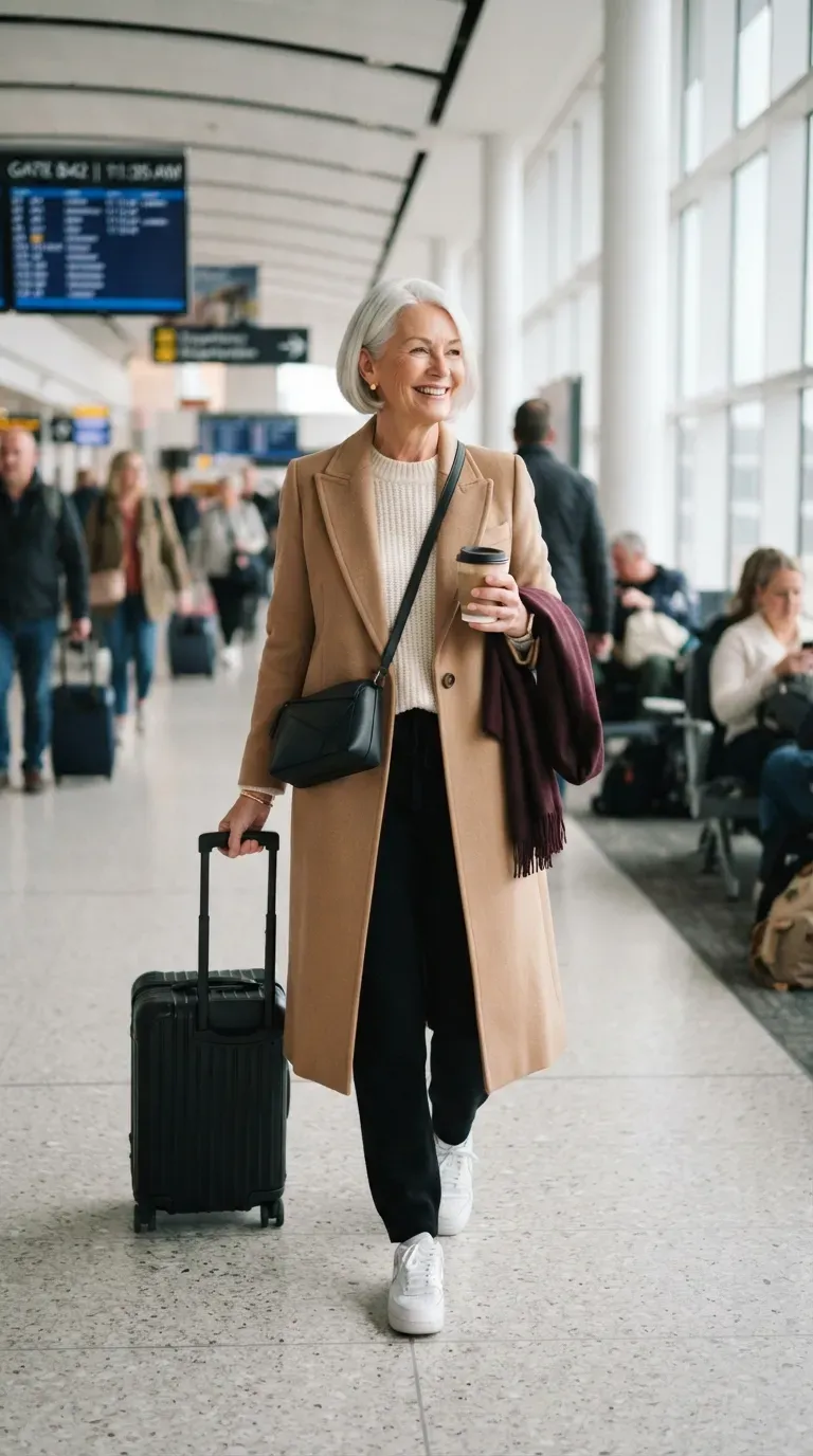 Woman over 50 in black knit joggers, camel coat and sneakers at an airport