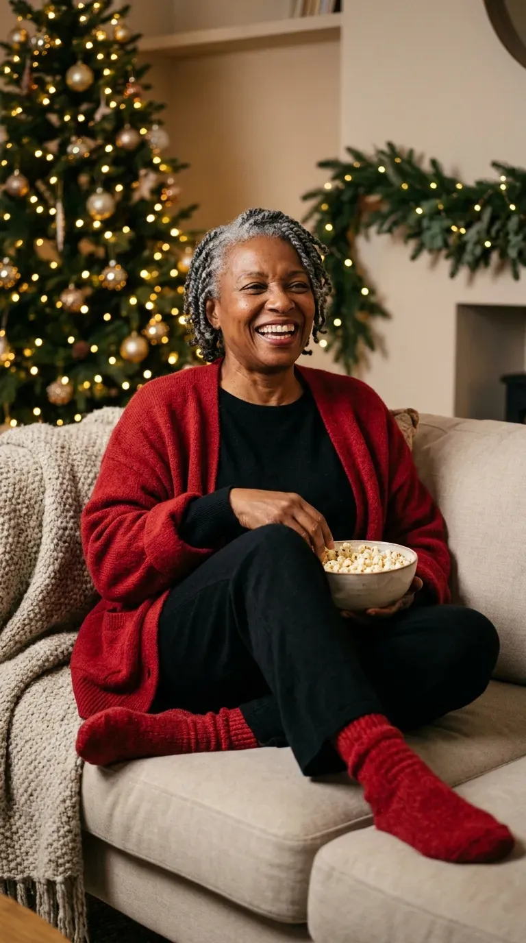 Woman over 50 in black knit loungewear set, red cardigan and warm socks for a movie night