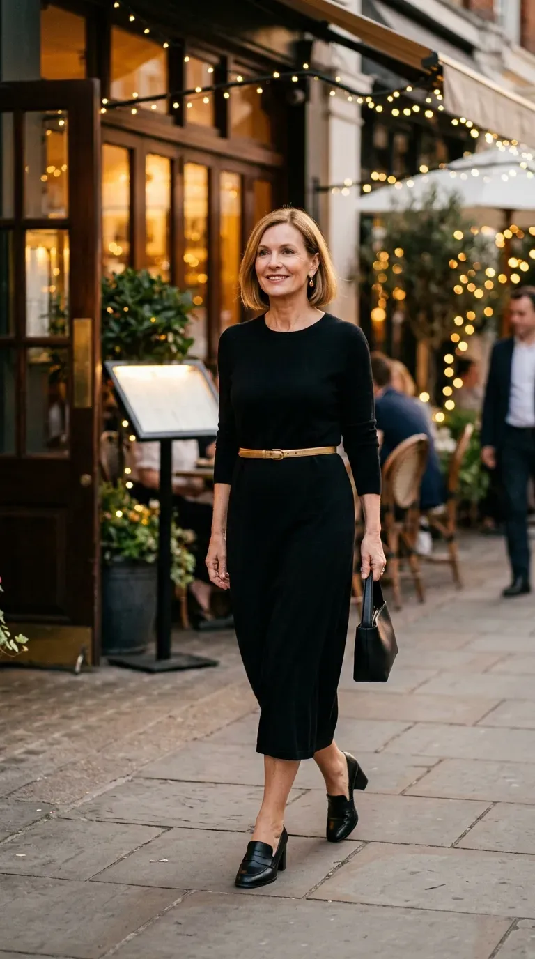 Woman over 50 in black knit midi dress, gold belt and heeled loafers at a date restaurant