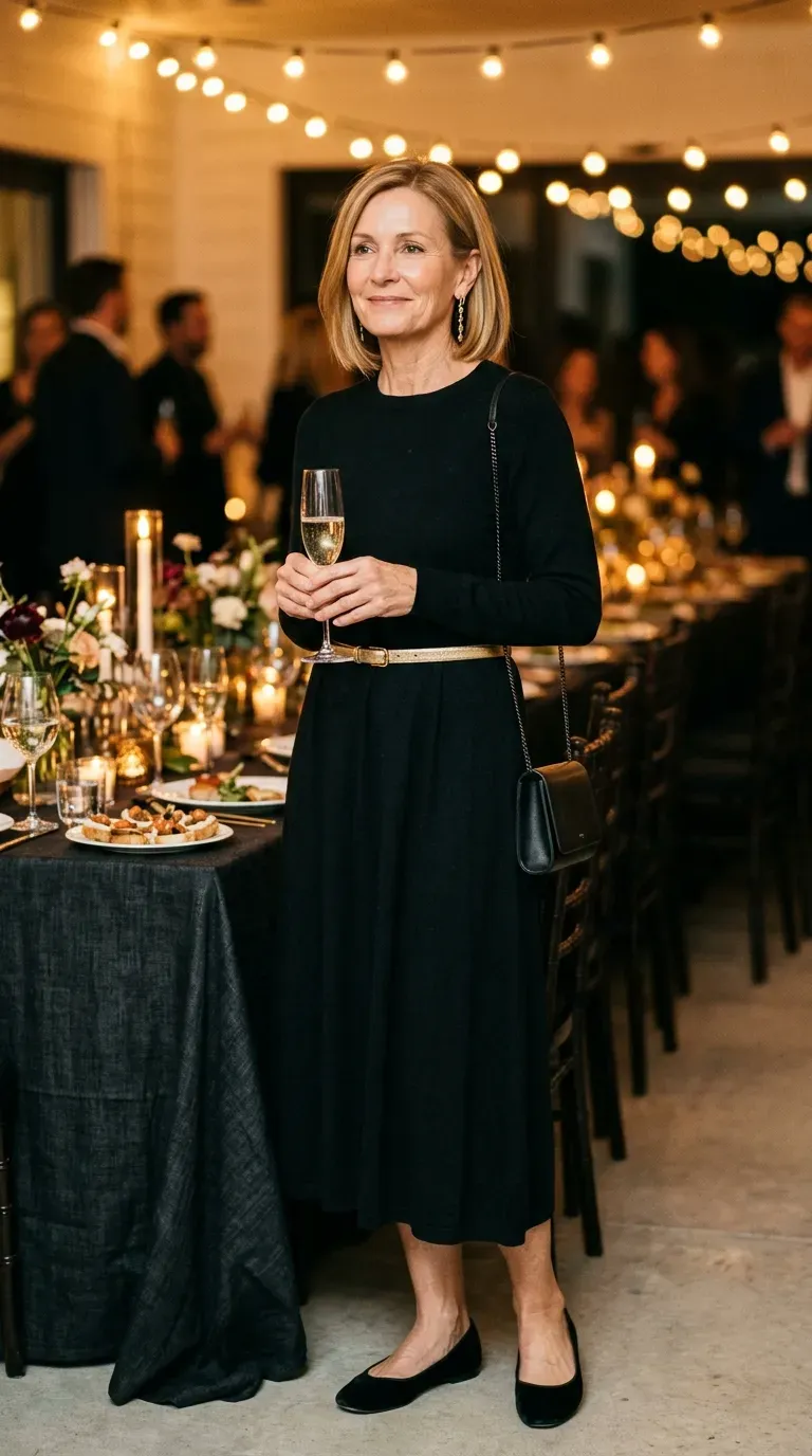 Woman over 50 in black knit midi dress, gold belt and velvet flats at a party