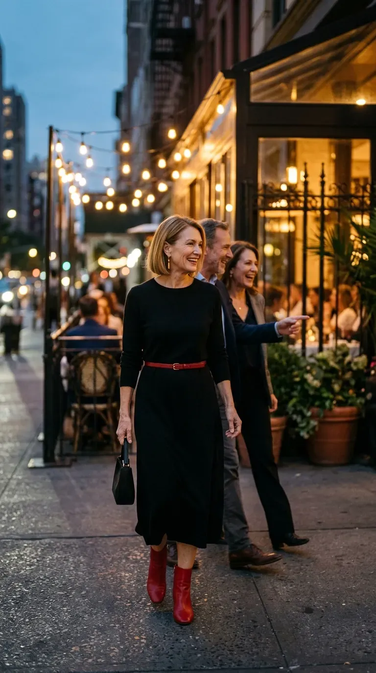 Woman over 50 in black knit midi dress, red belt and red boots on a girls night out