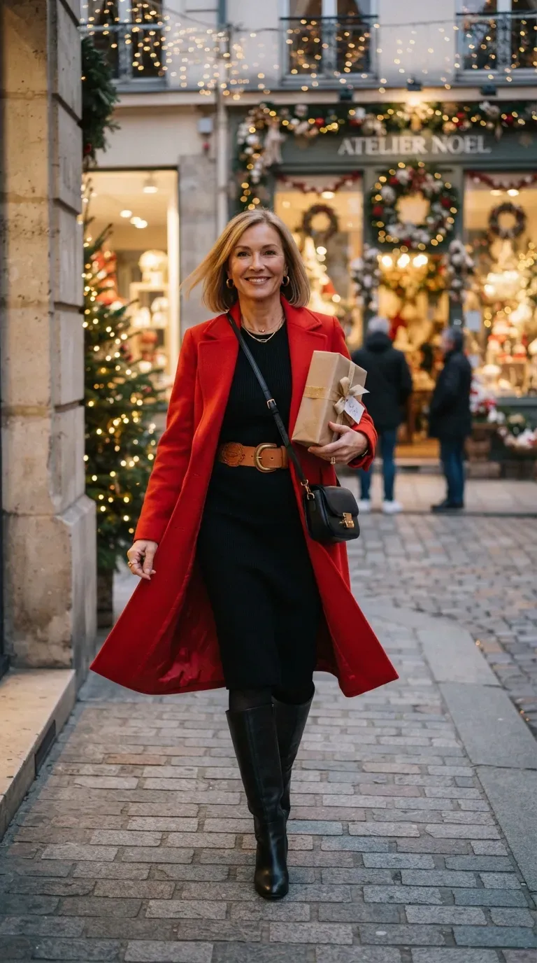 Woman over 50 in black knit midi dress, statement belt and boots on a snowy-lit street
