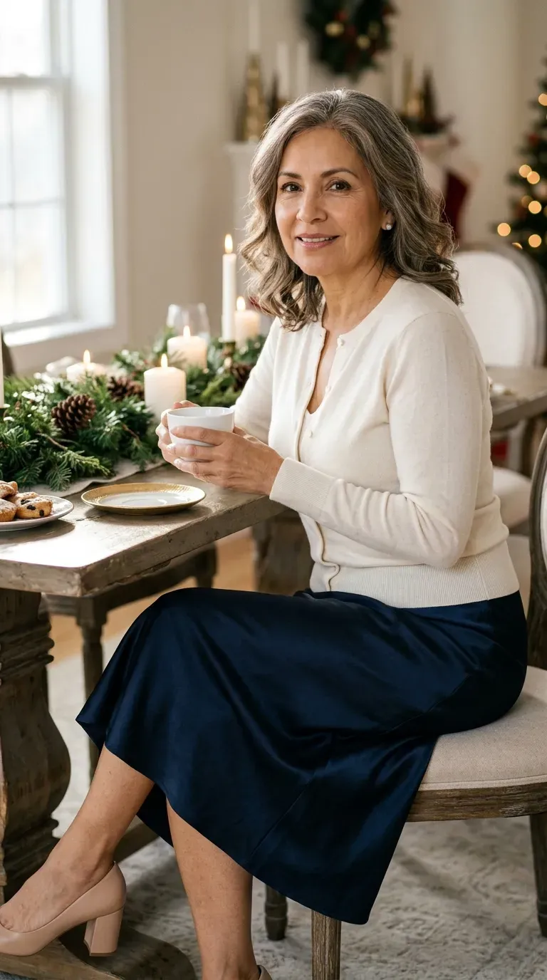 Woman over 50 in black knit midi dress, tan belt and tall boots on a lit street