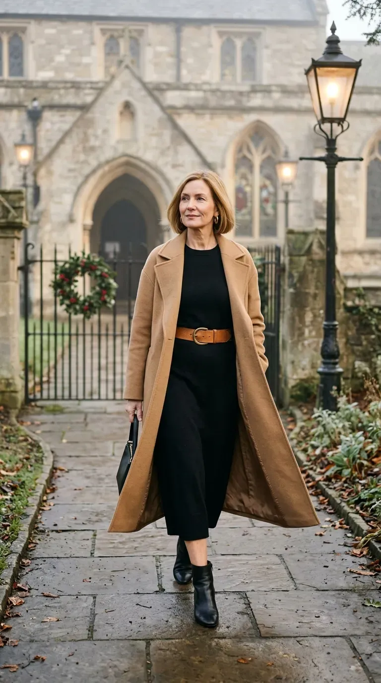Woman over 50 in black knit midi dress, tan belt and heeled boots outside a church