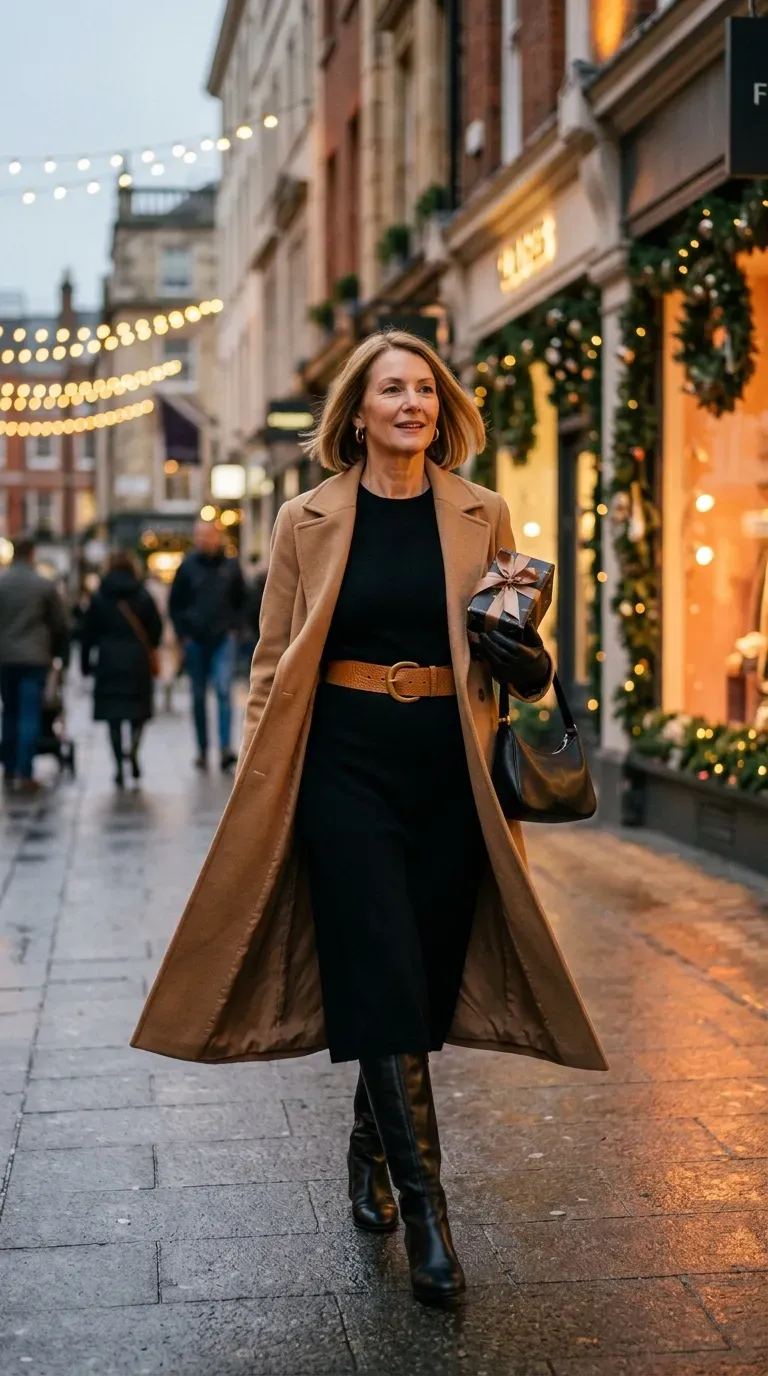 Woman over 50 in black knit midi dress, tan belt and tall boots on a lit street