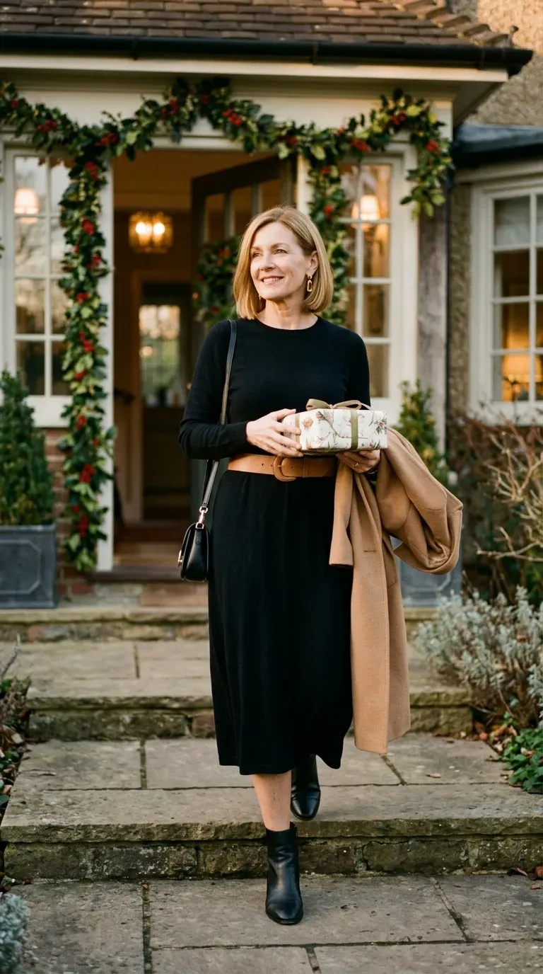 Woman over 50 in black knit midi dress, tan belt and ankle boots at a Christmas family visit