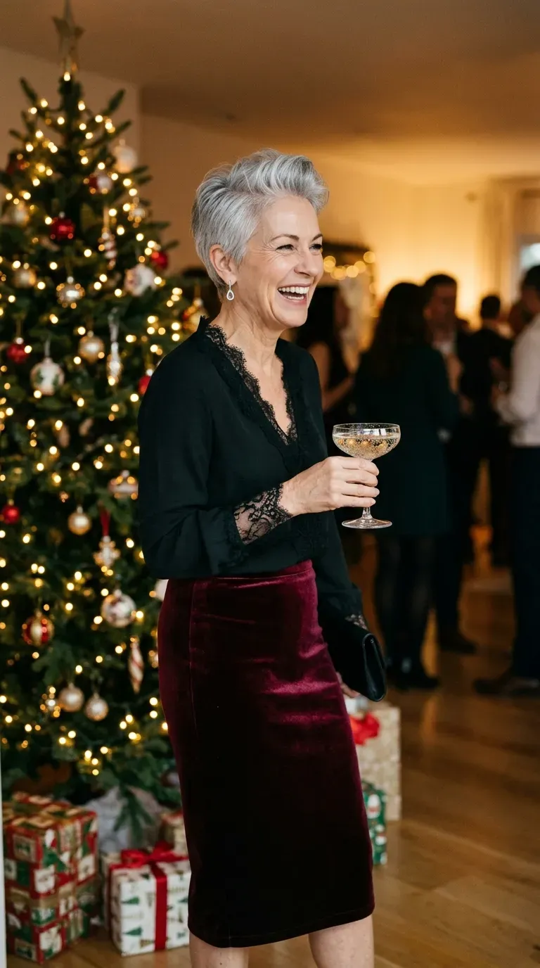 Woman over 50 in black lace blouse and burgundy velvet skirt at a holiday party