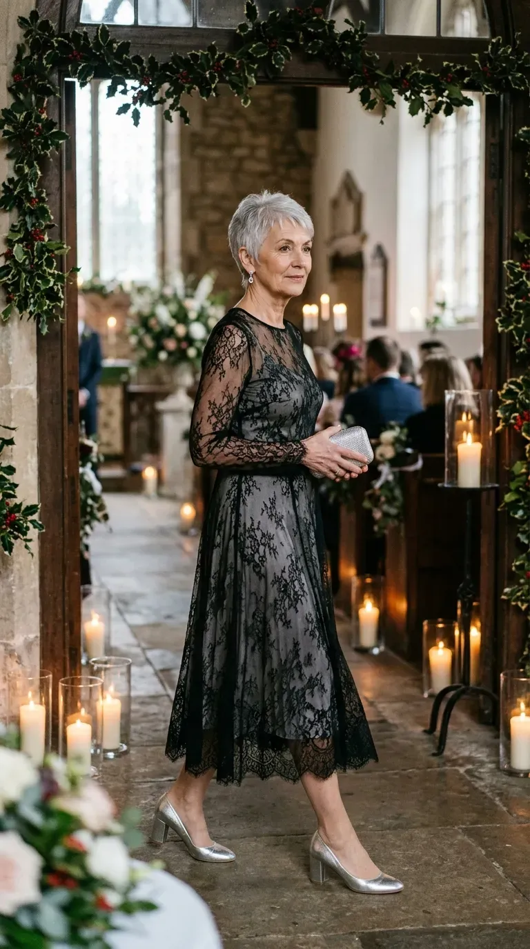 Woman over 50 in black lace-overlay midi dress and silver heels at a Christmas wedding