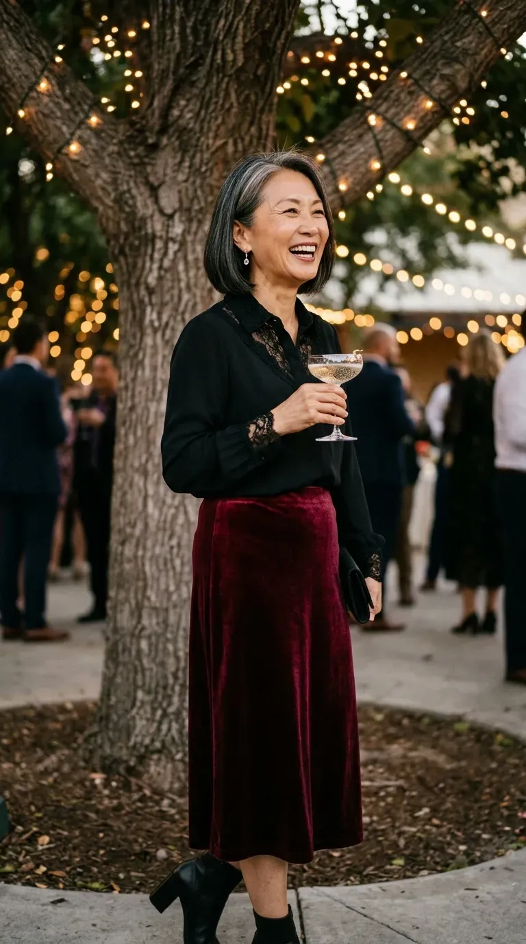 Woman over 50 in black lace-trim blouse and burgundy velvet skirt at a party