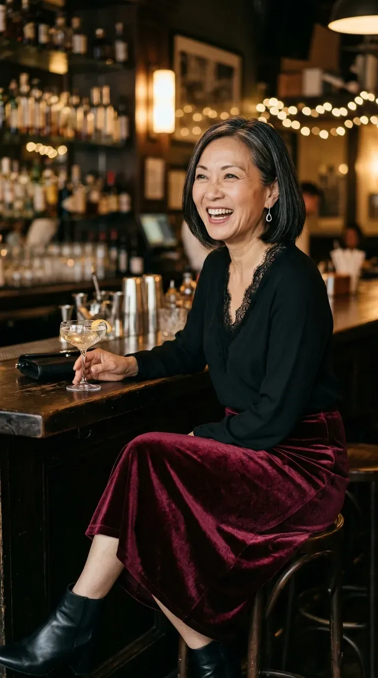 Woman over 50 in black lace blouse and burgundy velvet skirt on a girls night out