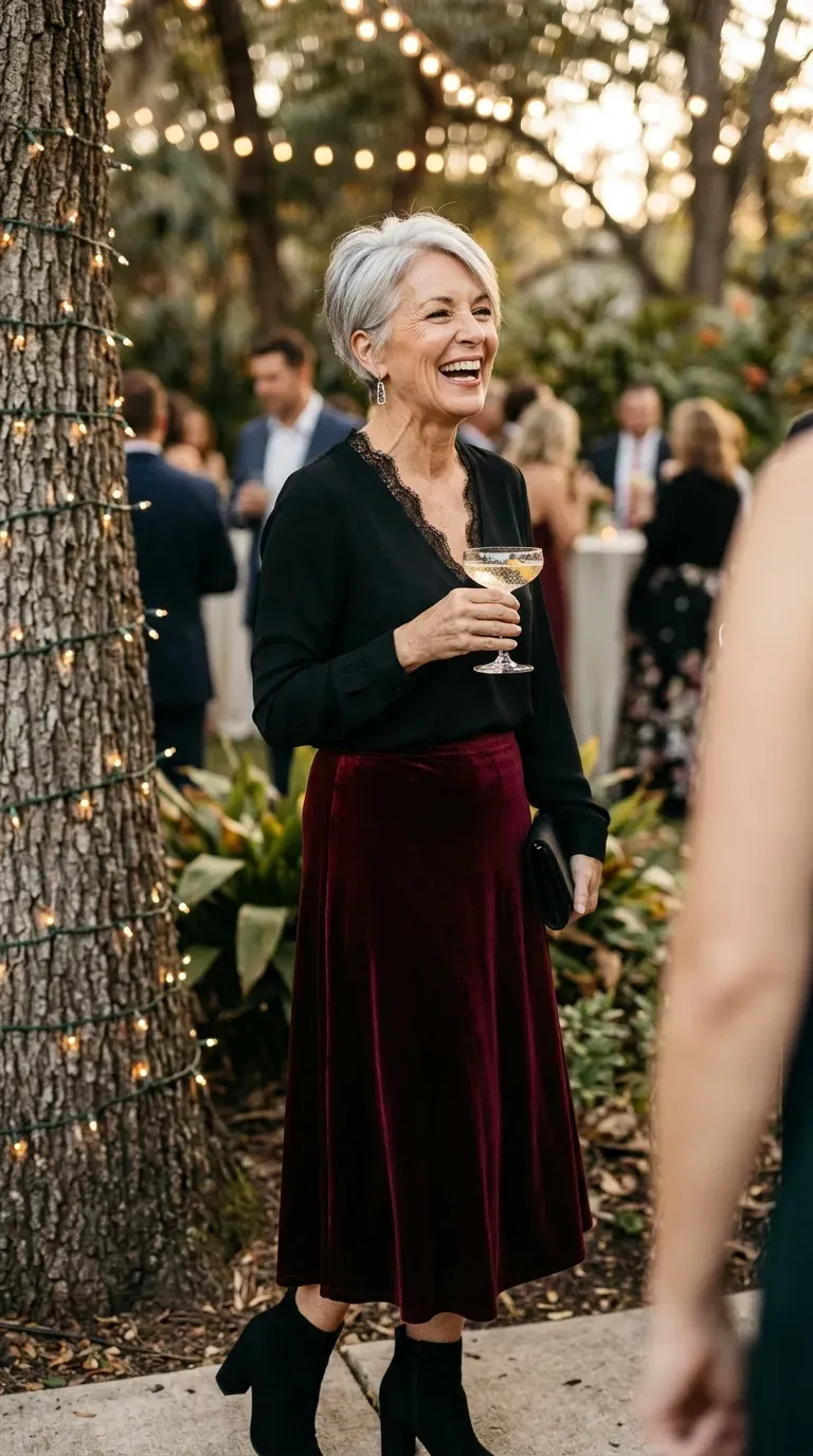 Woman over 50 in black lace-trim blouse and burgundy velvet skirt at a party