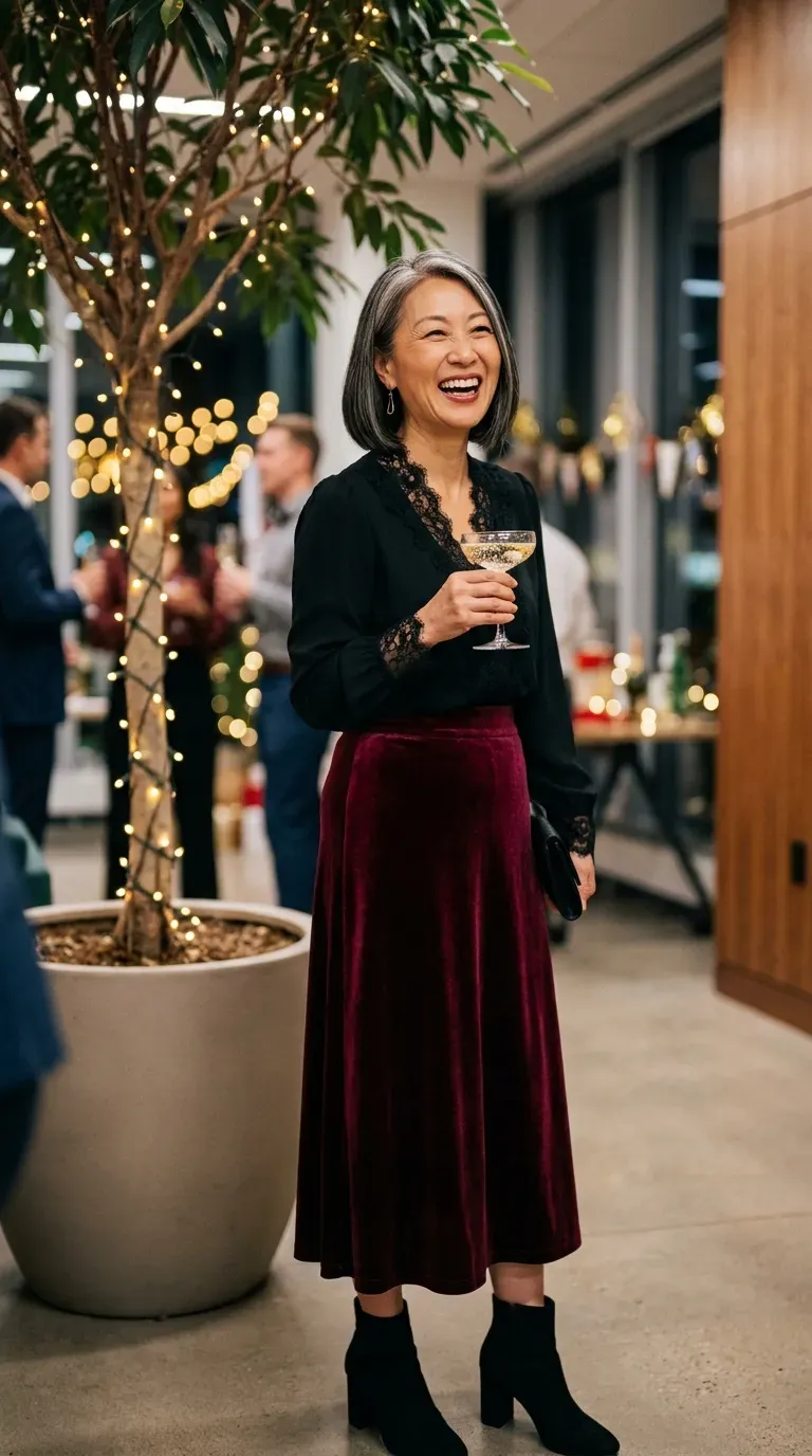 Woman over 50 in black lace-trim blouse and burgundy velvet skirt at an office party