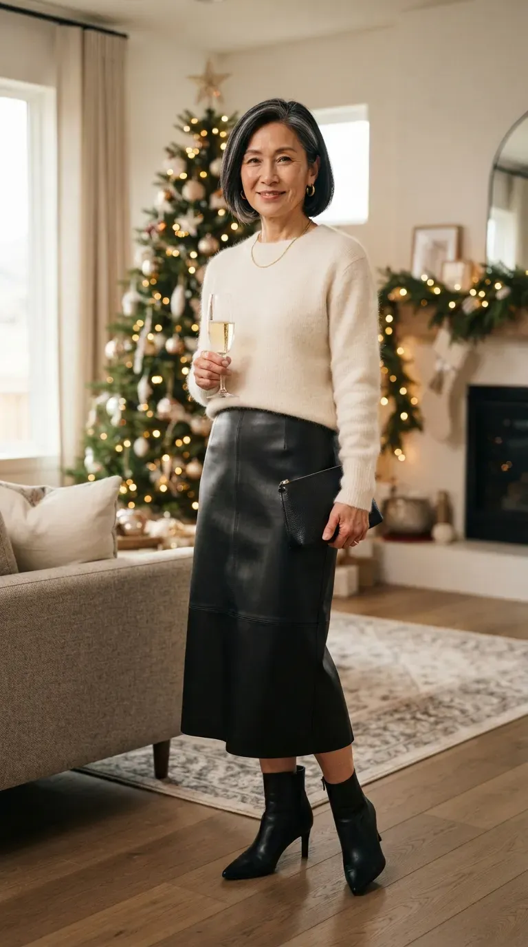 Woman over 50 in black leather midi skirt and ivory mohair sweater at a holiday gathering