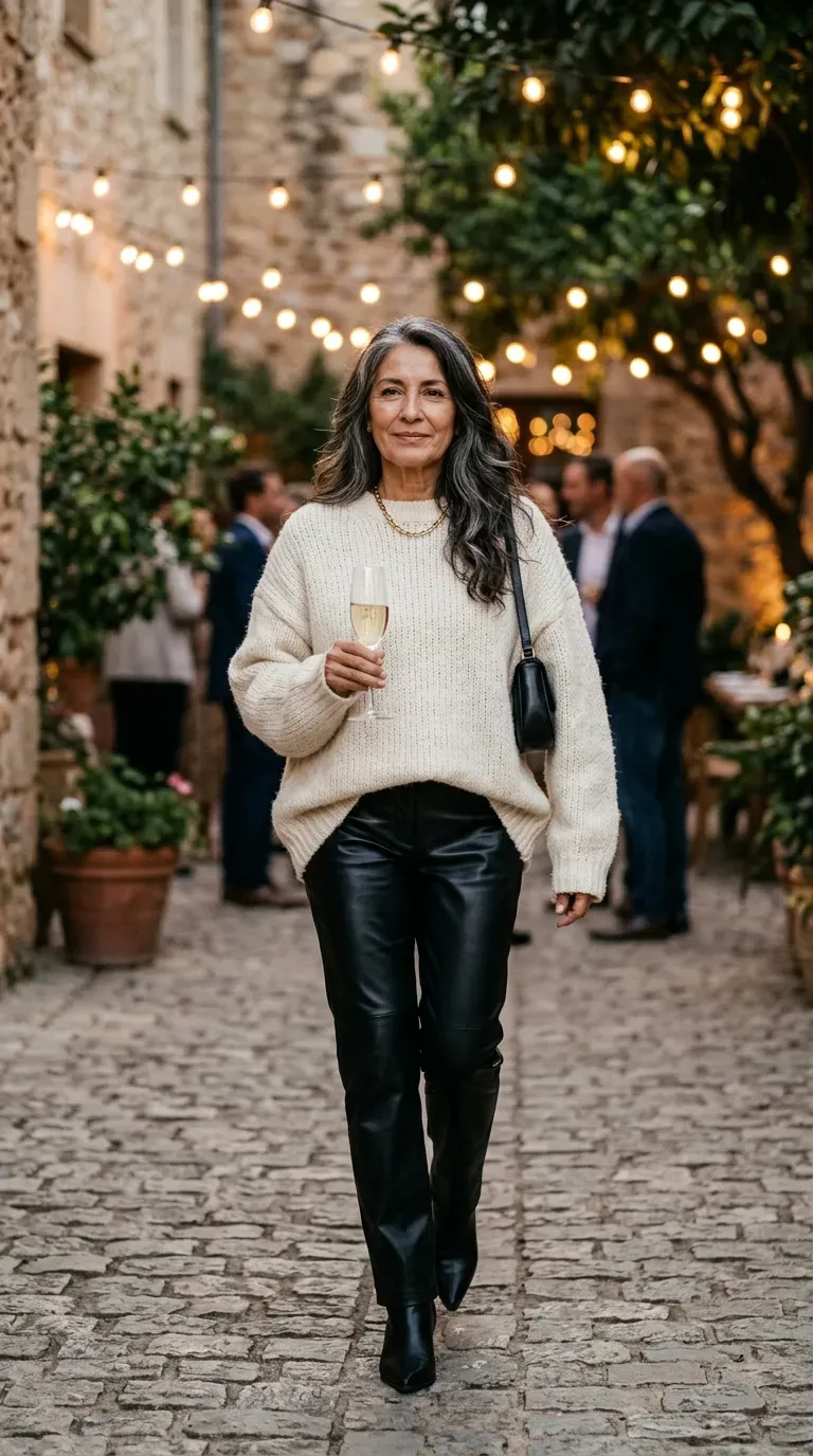 Woman in black faux leather trousers and cream sweater with ankle boots at an evening event