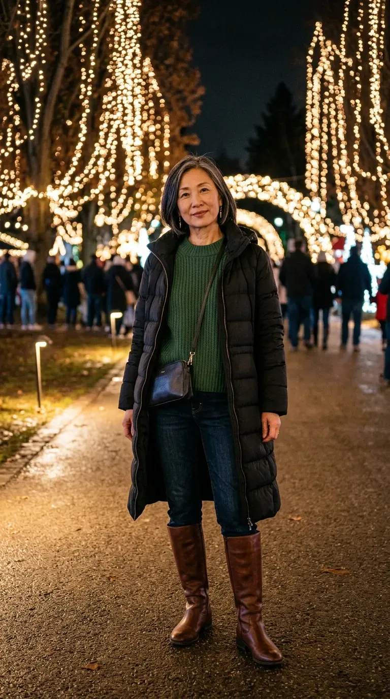 Woman over 50 in black long puffer, green knit and brown knee-high boots at Christmas lights