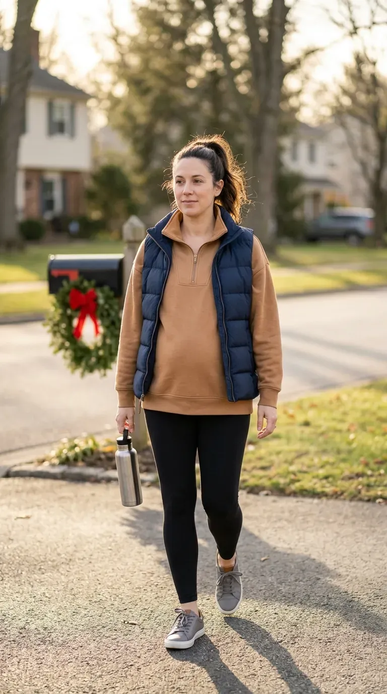 Pregnant woman in camel quarter-zip pullover and black maternity leggings on a neighborhood walk
