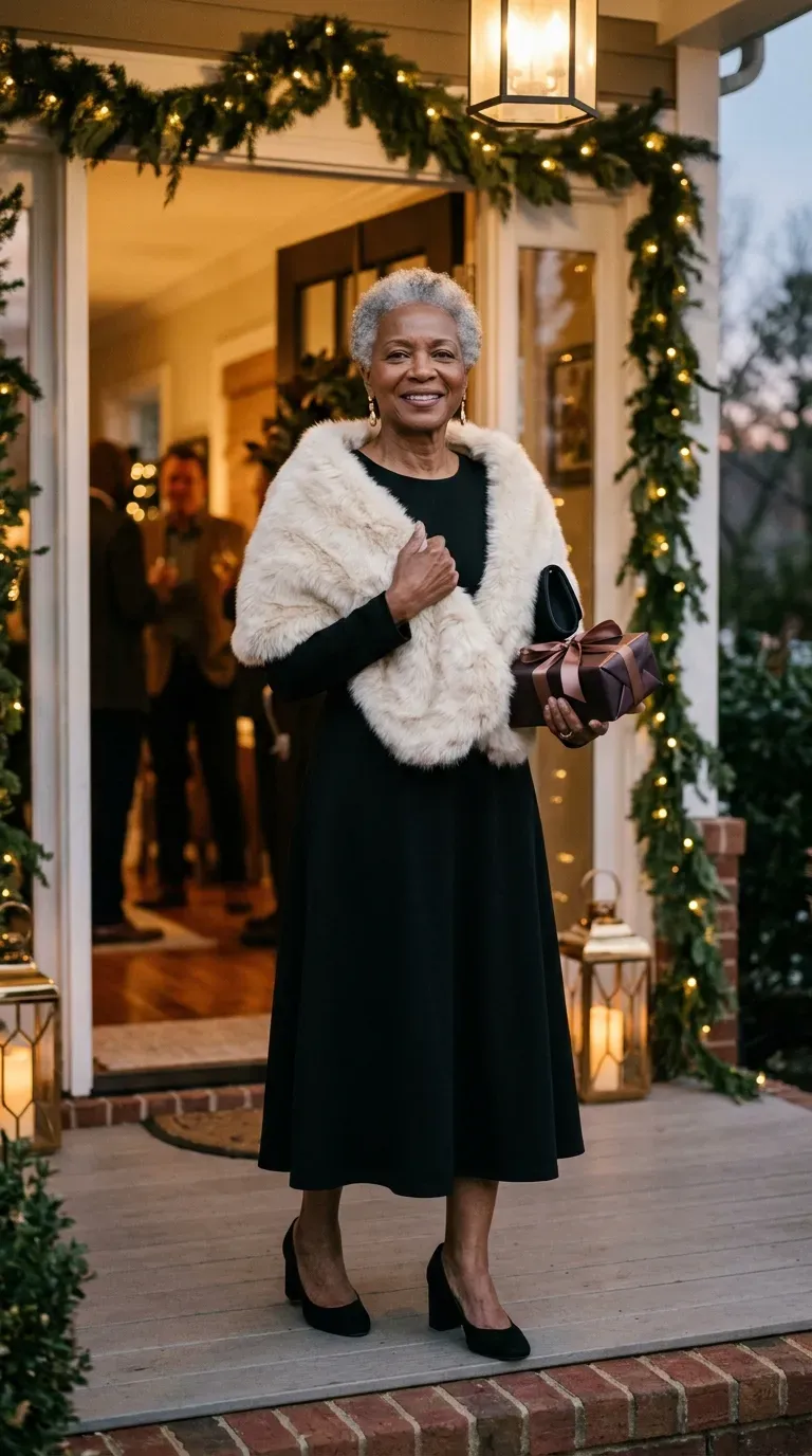 Black woman in a black midi dress and cream faux fur stole at an evening holiday party