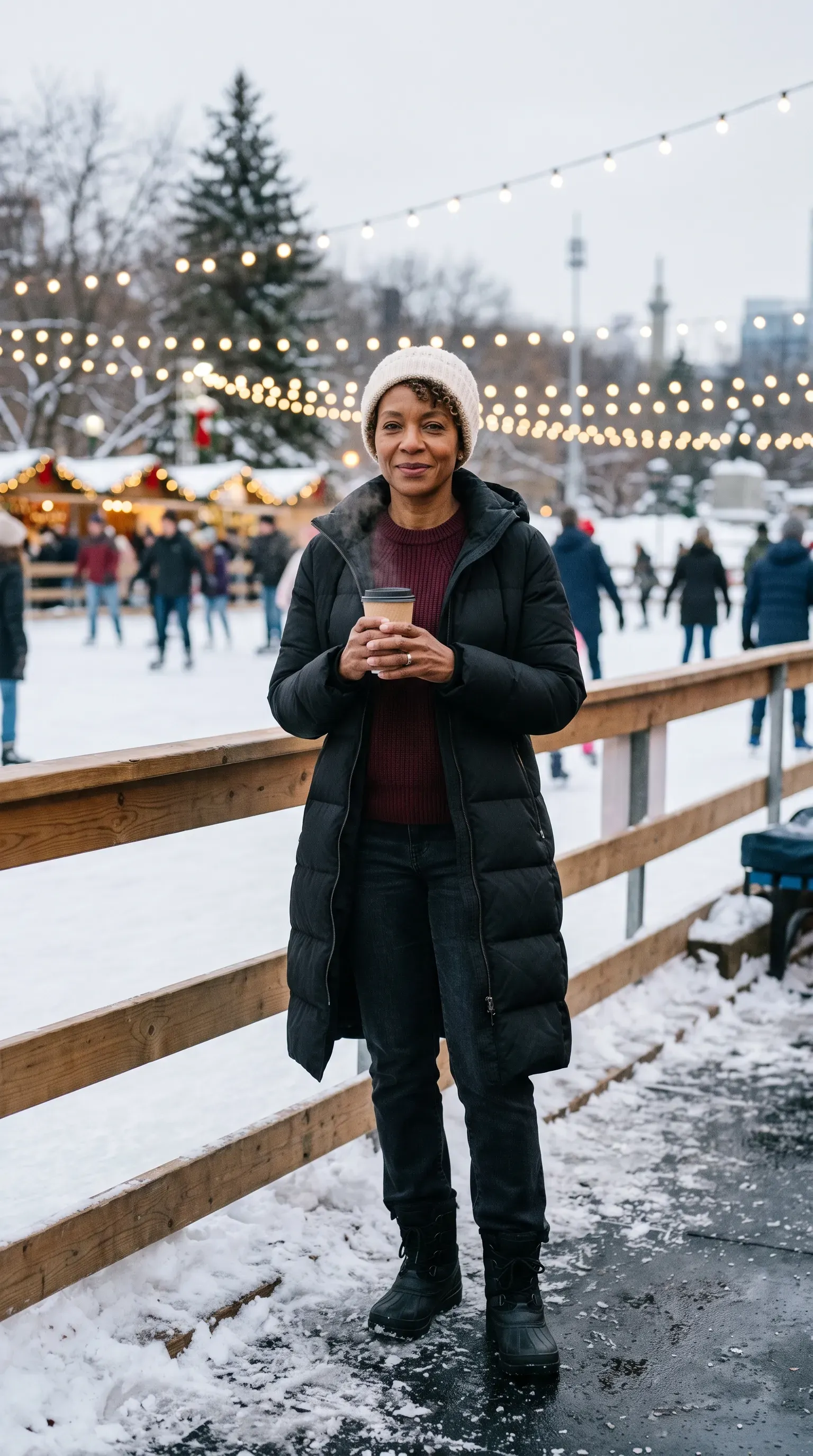 Woman in black puffer coat and burgundy sweater beside a Christmas skating rink