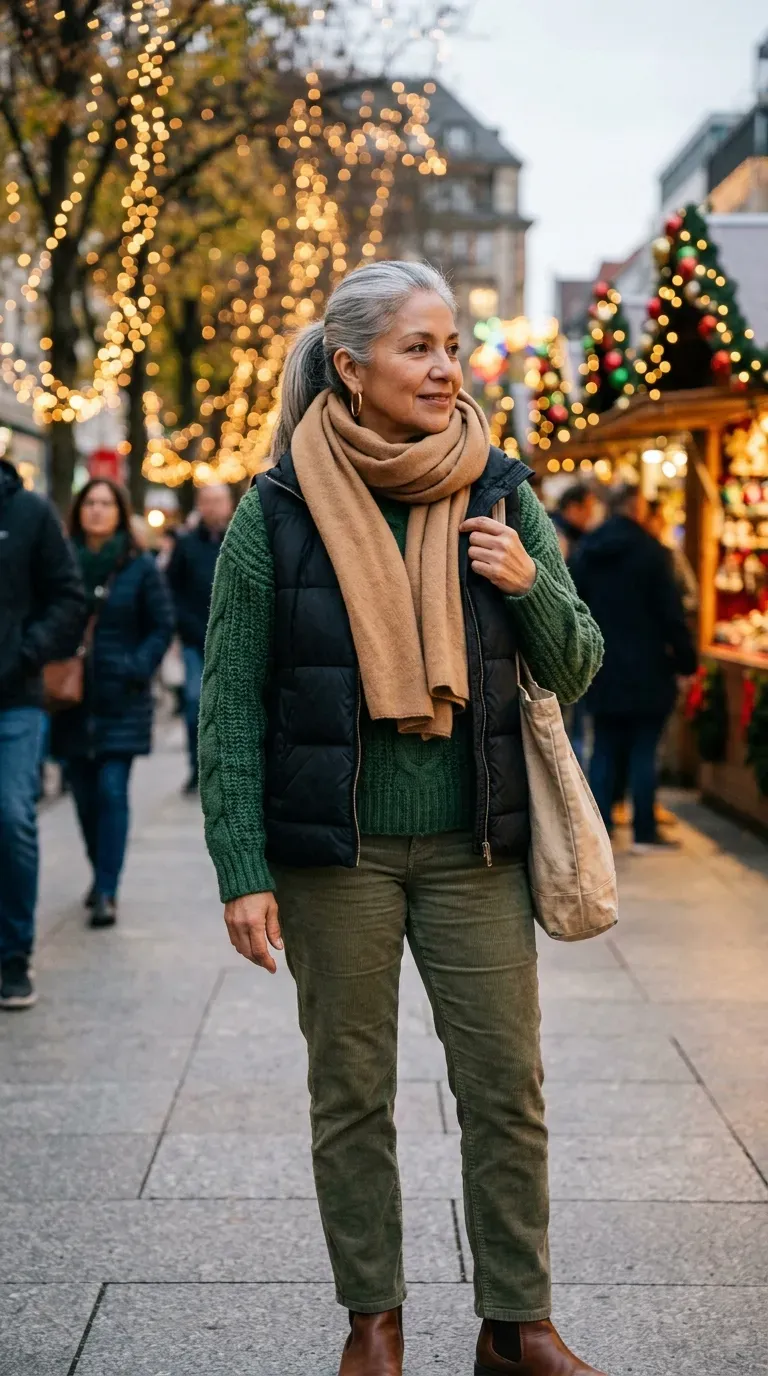 Woman over 50 in black puffer vest, chunky knit and cord jeans at a Christmas lights display