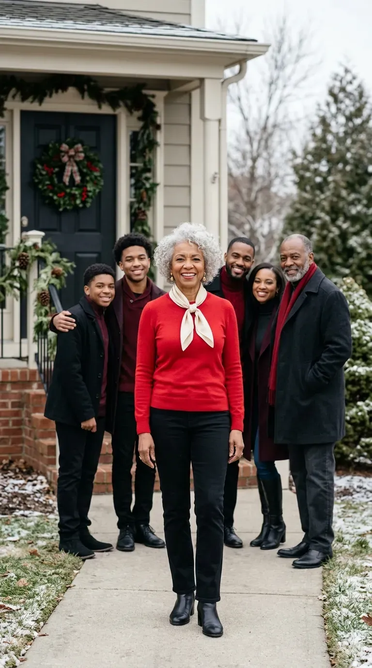 Woman over 50 in red cardigan and black jeans for a coordinated Christmas family photo