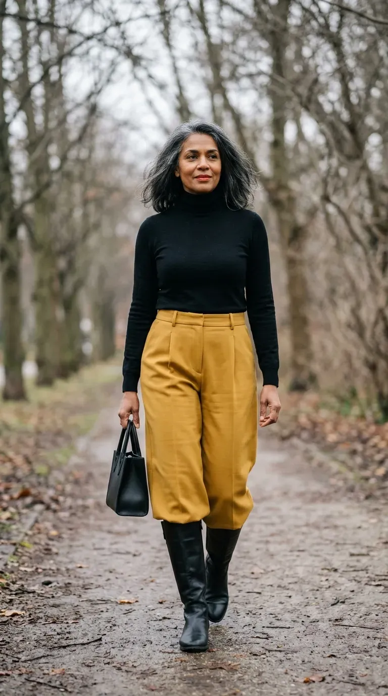 Woman over 50 in black roll-neck and mustard trousers on a grey winter walk