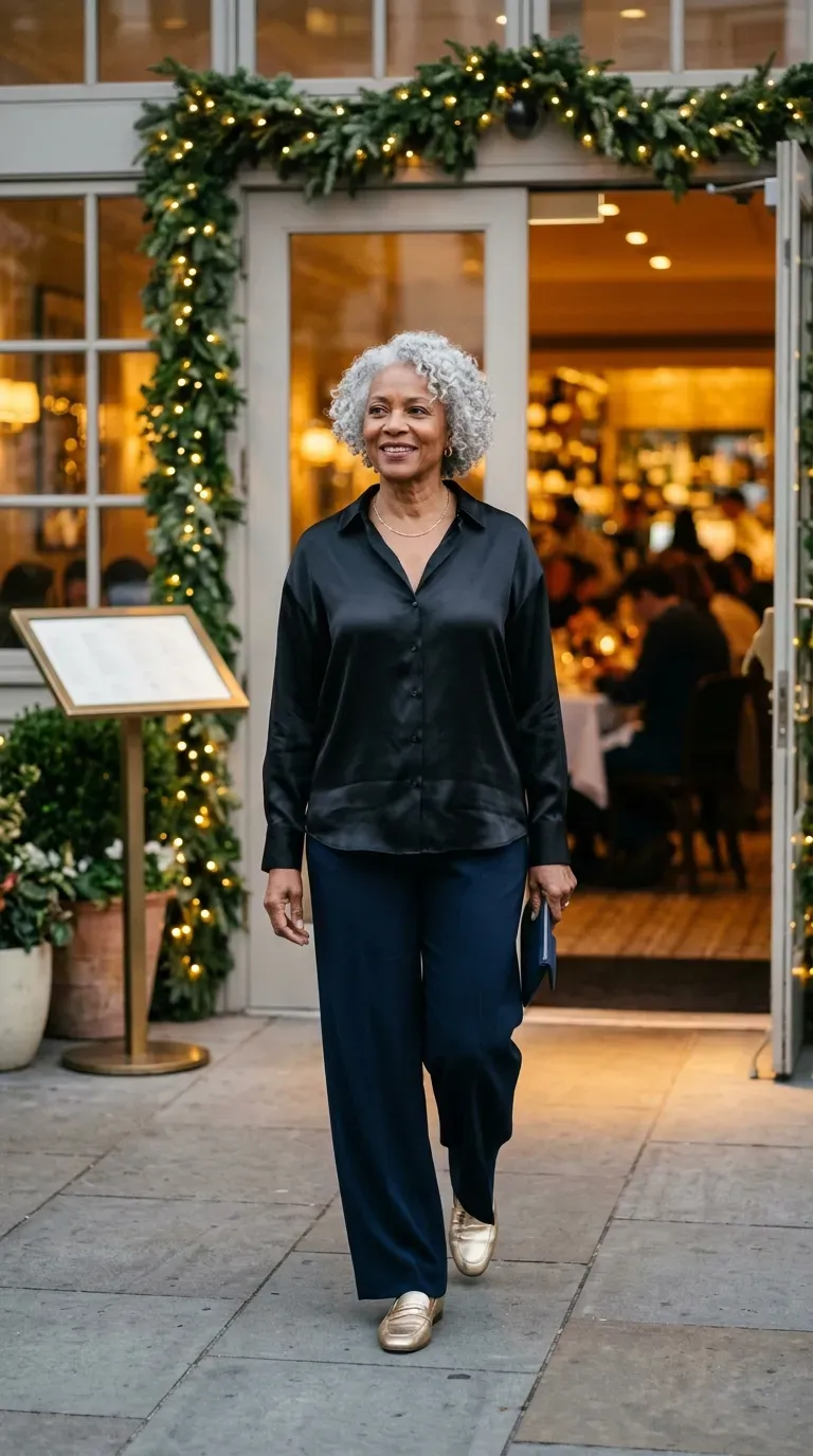 Woman over 50 in black satin blouse, wide-leg trousers and gold loafers at a date night dinner