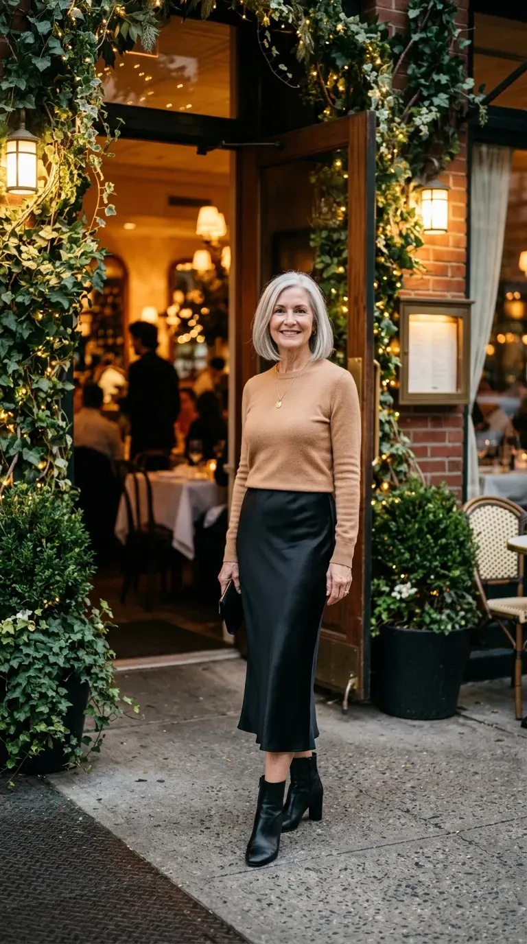 Woman over 50 in black satin midi skirt and camel sweater at a holiday dinner