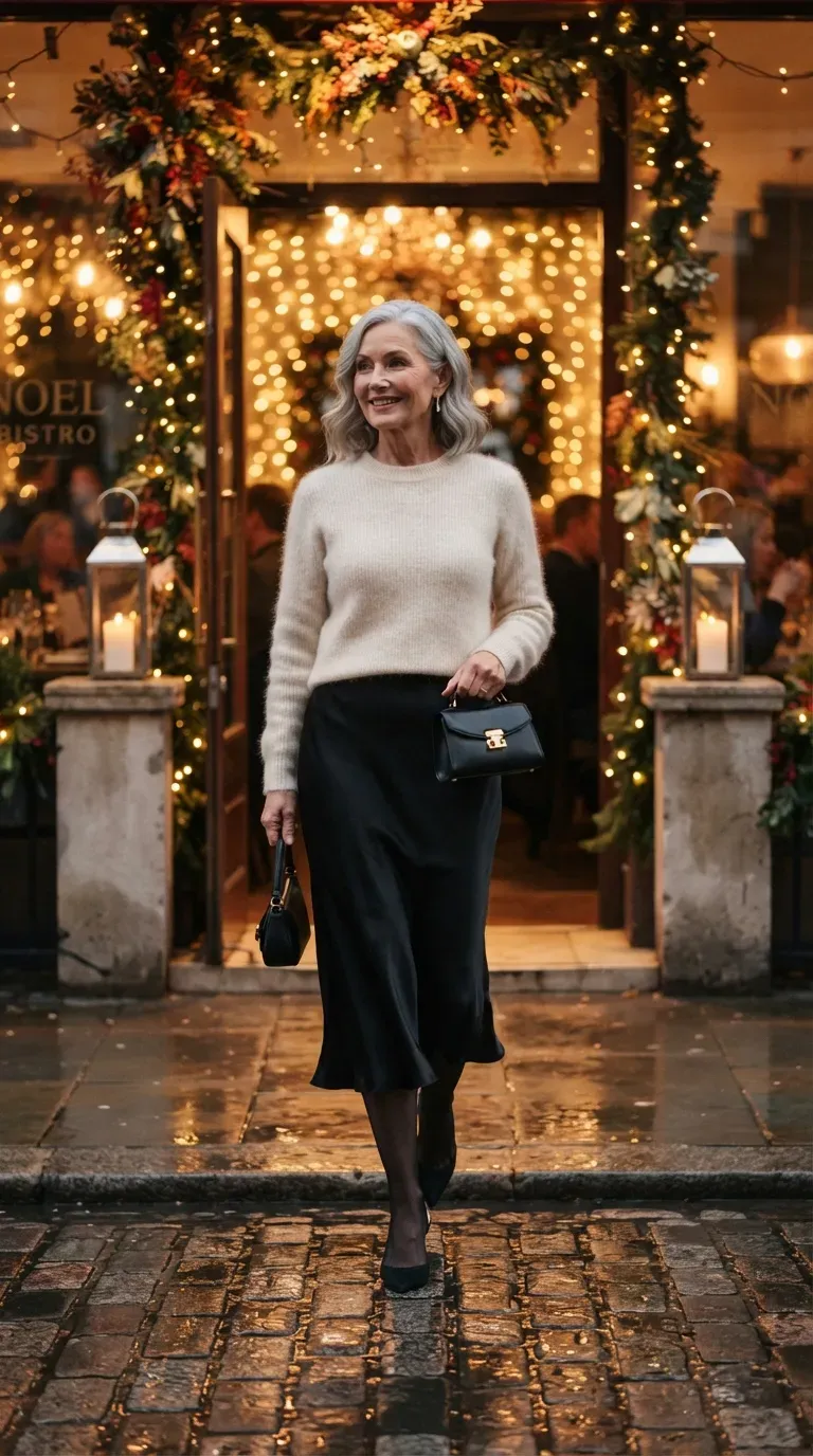 Woman over 50 in a black satin midi skirt and cream sweater at a candlelit Christmas dinner entrance