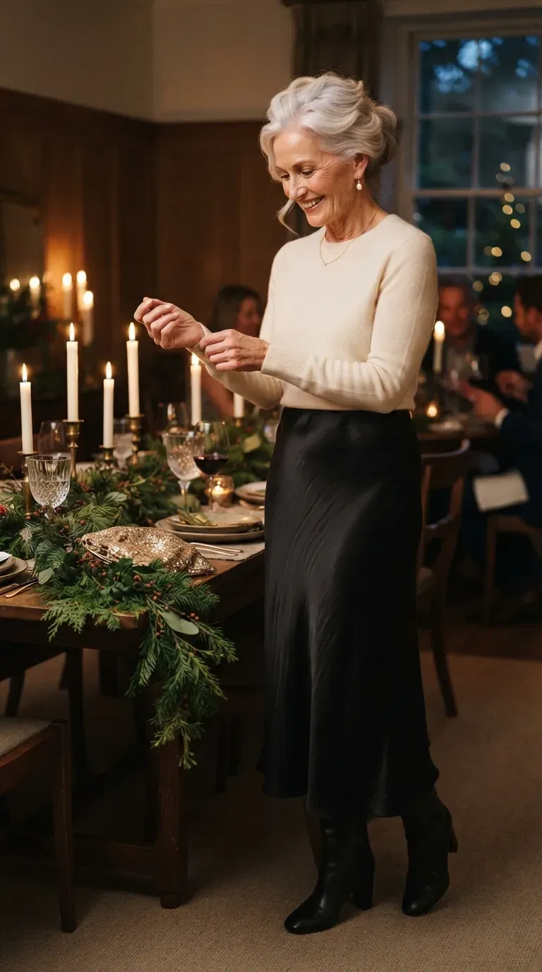 Woman over 50 in black satin midi skirt, cream sweater and heeled boots at a candlelit dinner