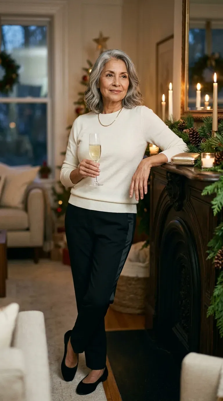 Woman over 50 in black satin-stripe trousers, ivory knit and velvet flats at a gathering