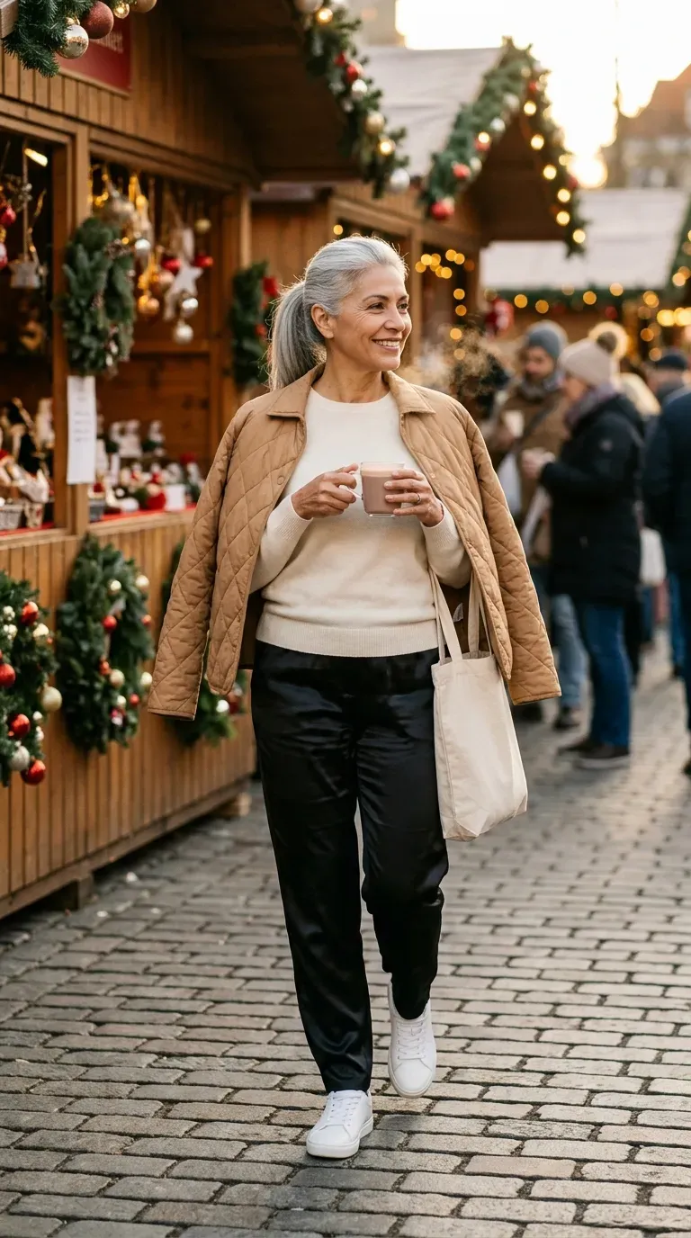 Woman over 50 in black satin track pants, cream sweater and white sneakers at a market