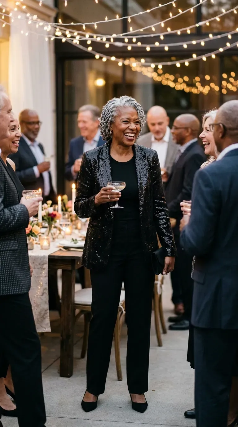 Woman over 50 in black sequin blazer, black tee and black trousers on a girls night out