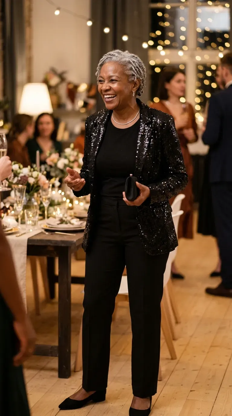 Woman over 50 in black sequin jacket, black tee and black trousers at a party
