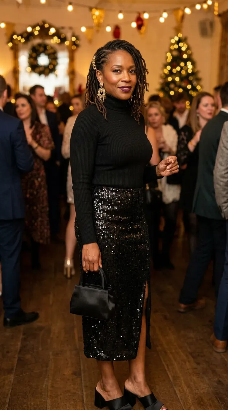 Woman over 40 in black sequin midi skirt and black roll-neck at an indoor Christmas party