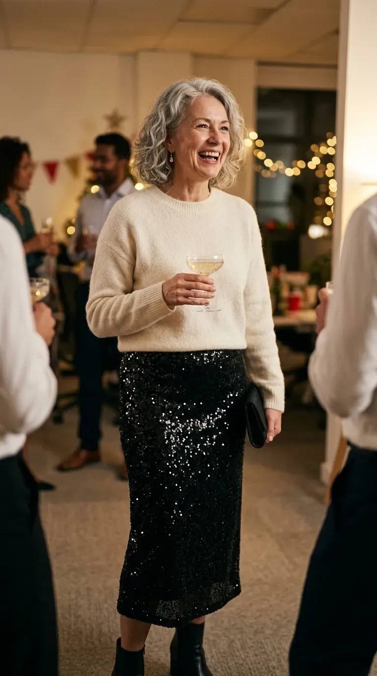 Woman over 50 in black sequin midi skirt and cream sweater at an office party