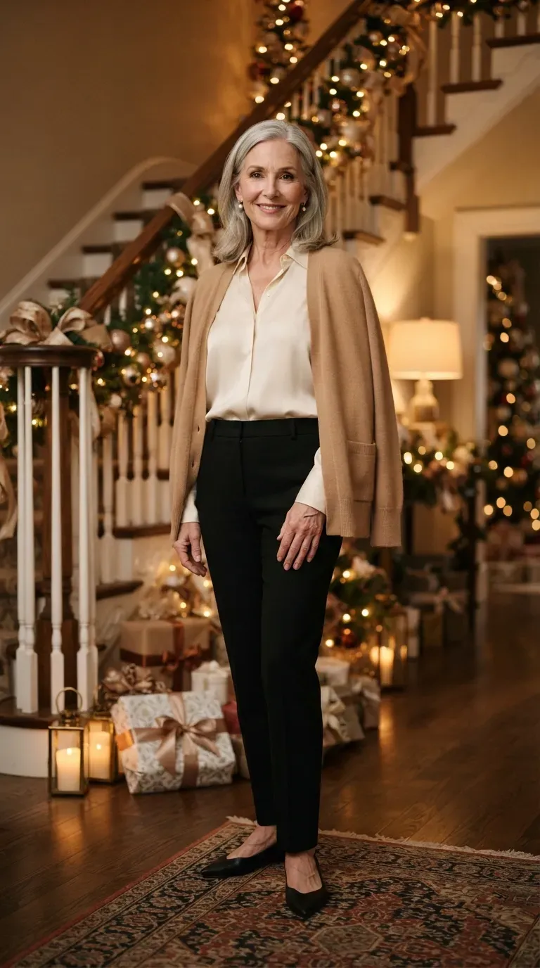 Woman over 50 in black tailored trousers, cream silk blouse and a camel cardigan at a holiday gathering