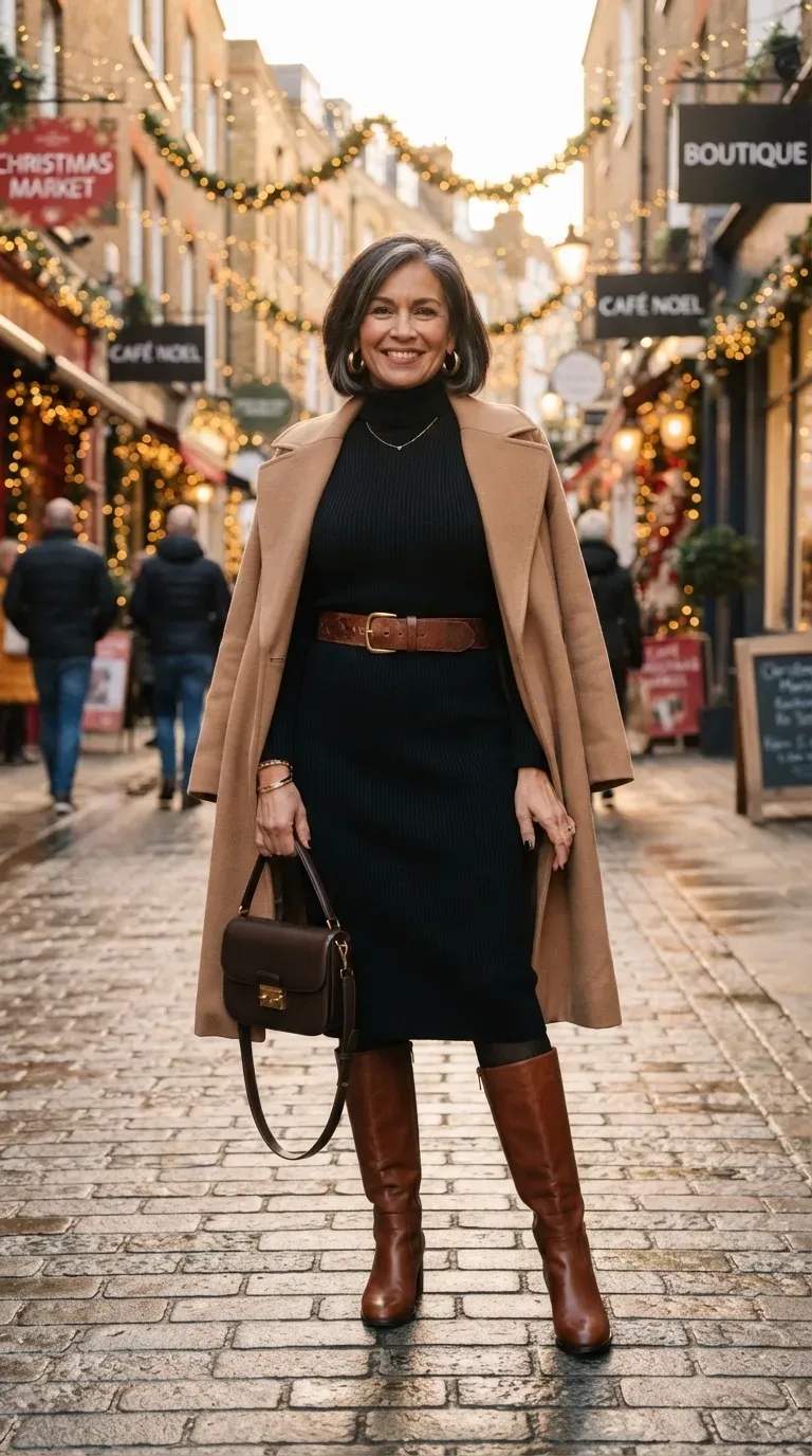 Woman over 50 in a black turtleneck dress and tall brown boots standing on a street with Christmas lights