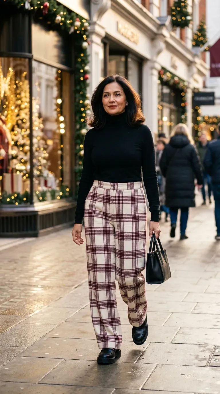 Woman over 50 in black turtleneck and plaid wide-leg trousers on a festive city walk
